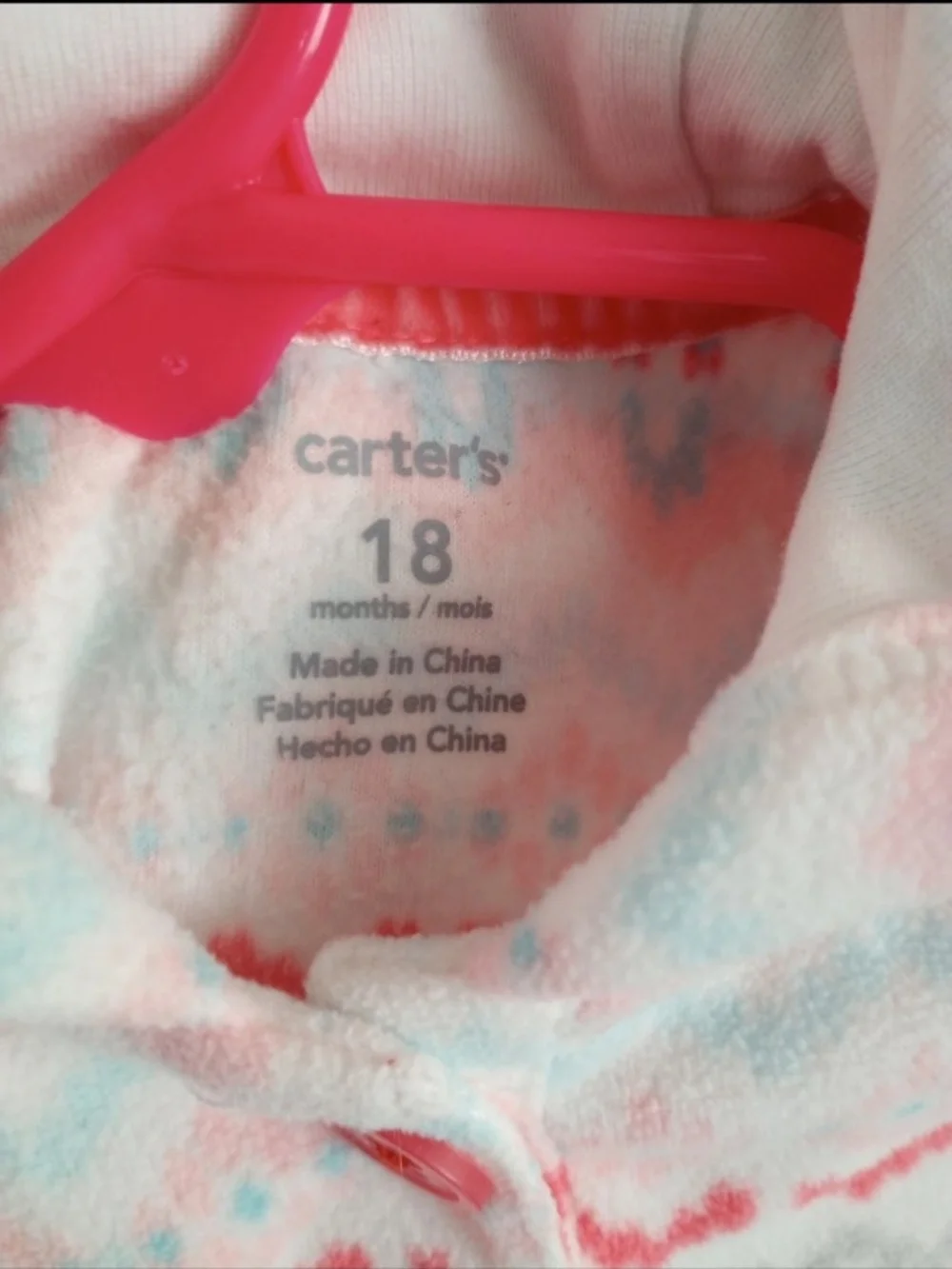 Carter's Coral Pink Blue Gray Fleece Hooded One-Piece Bodysuit 18 Months Baby